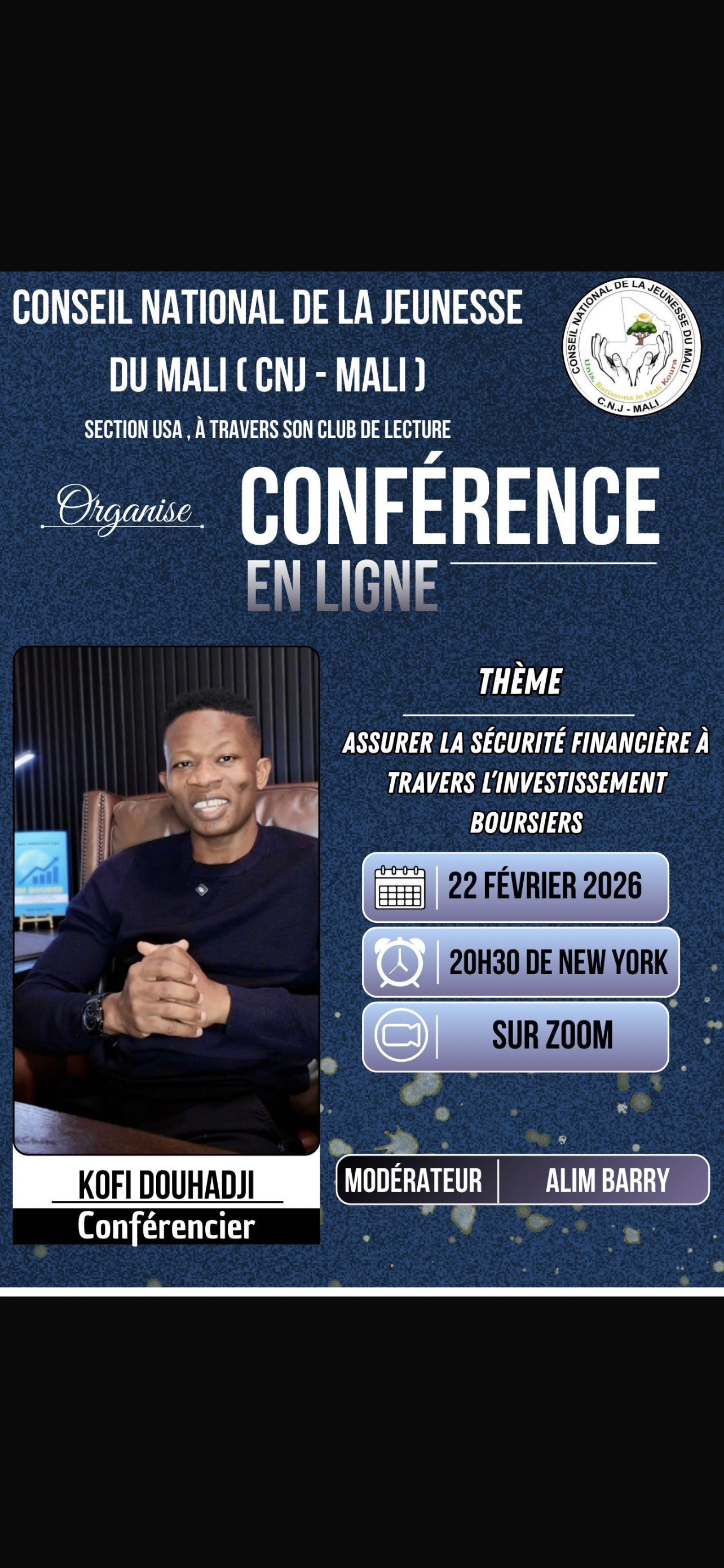 Affiche de la conférence avec Kofi Douhadji du 22 février 2026